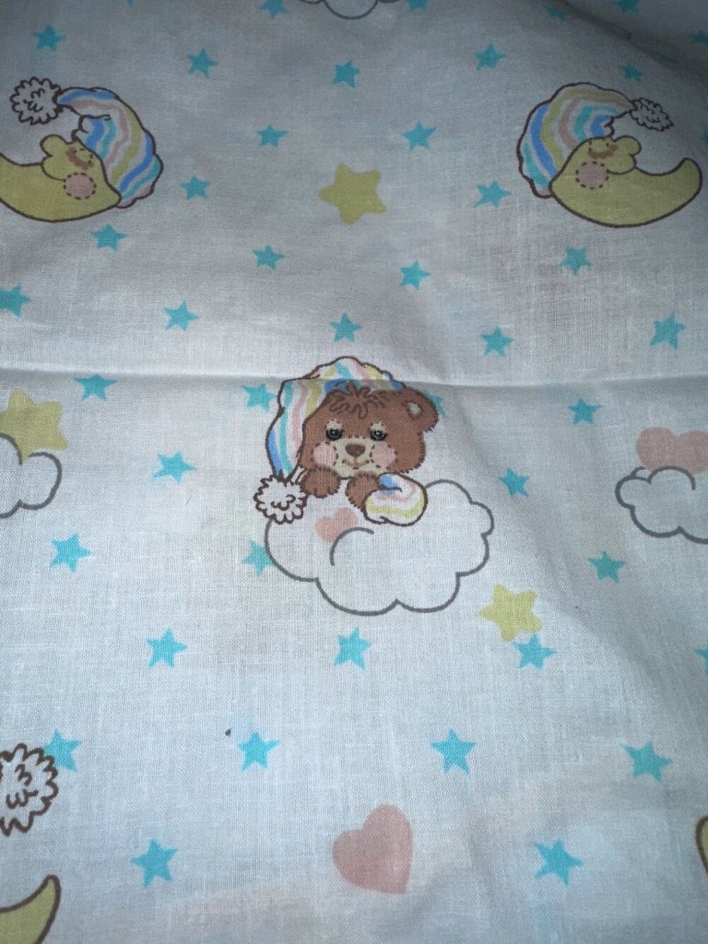 Vintage 1985 Baby Morgan Sleepy Teddy Bear Fitted Crib Sheet Clouds Moon Stars